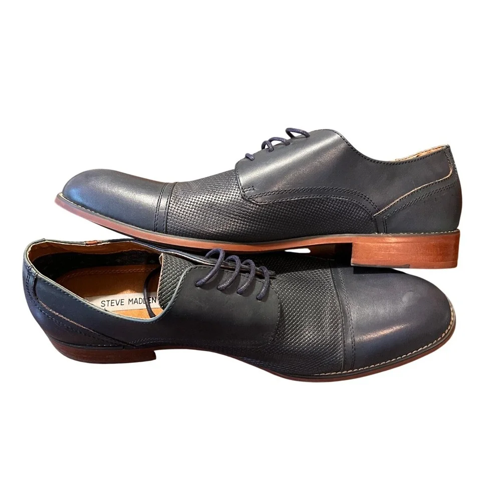 Steve Madden Mens Sz 12 Navy Blue Leather Oxford Dress Shoes Textured Weave